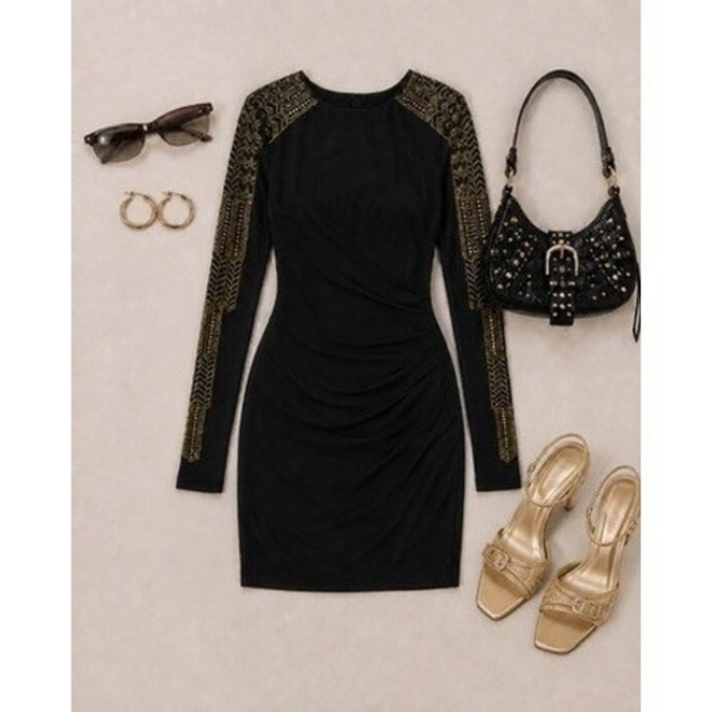 NWT Cache Vintage Y2K Black Studded Ruched Long Sleeve Bodycon Mini Dress Size 4